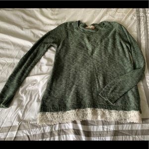 Blue-green sweater with lace detail